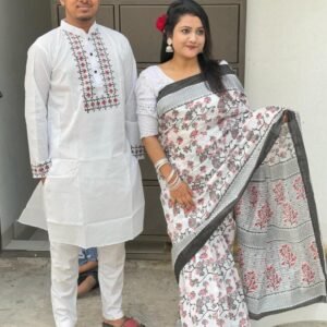 কালো কালার কাপল সেট হাফ সিল্ক শাড়ি ও স্লাব কটন পাঞ্জাবি