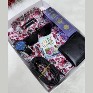 লাল শার্ট কম্বো সেট, ঘড়ি, মানিব্যাগ, পারফিউম, বেল্ট, চশমা ও চিরকুট