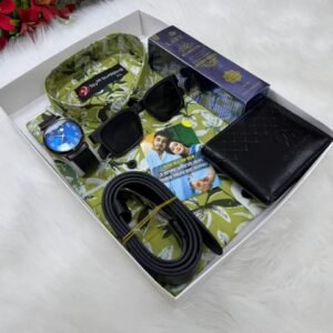 জলপাই শার্ট কম্বো সেট, ঘড়ি, মানিব্যাগ, পারফিউম, বেল্ট, চশমা ও চিরকুট