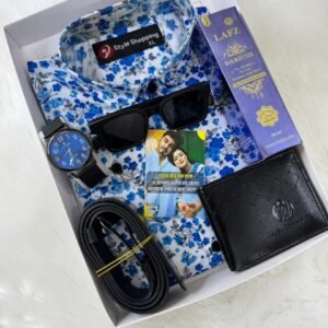 নীল শার্ট কম্বো সেট, ঘড়ি, মানিব্যাগ, পারফিউম, বেল্ট, চশমা ও চিরকুট