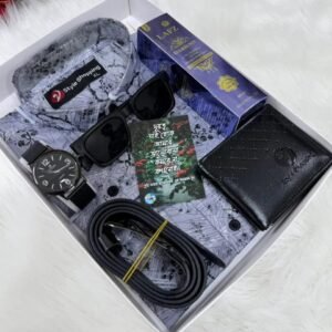 ছাই কালার শার্ট কম্বো সেট, ঘড়ি, মানিব্যাগ, পারফিউম, বেল্ট, চশমা ও চিরকুট