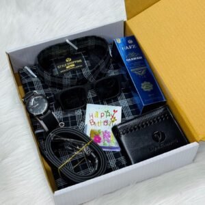 কালো কালার চেক শার্ট কম্বো সেট, ঘড়ি, মানিব্যাগ, পারফিউম, বেল্ট, চশমা ও চিরকুট