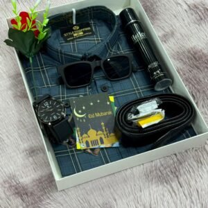 নেভি ব্লু কালার শার্ট কম্বো সেট, ঘড়ি, মানিব্যাগ, পারফিউম, বেল্ট, চশমা ও চিরকুট New