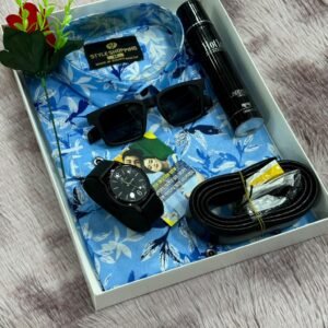 আকাশি কালার শার্ট কম্বো সেট, ঘড়ি, মানিব্যাগ, পারফিউম, বেল্ট, চশমা ও চিরকুট New