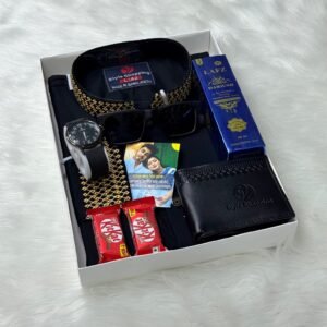 কালো-৩ কালার পাঞ্জাবী কম্বো সেট, ঘড়ি, মানিব্যাগ, পারফিউম, চশমা, চকোলেট ও চিরকুট