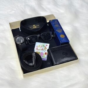 কালো কালার শার্ট কম্বো সেট, ঘড়ি, মানিব্যাগ, পারফিউম, বেল্ট, চশমা ও চিরকুট