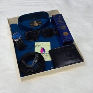 নীল কালার শার্ট কম্বো সেট, ঘড়ি, মানিব্যাগ, পারফিউম, বেল্ট, চশমা ও চিরকুট