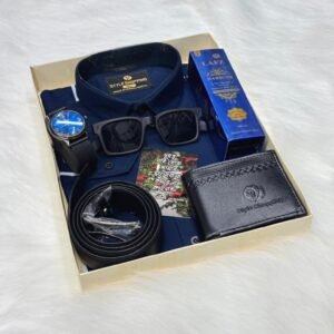 নেভি ব্লু কালার শার্ট কম্বো সেট, ঘড়ি, মানিব্যাগ, পারফিউম, বেল্ট, চশমা ও চিরকুট